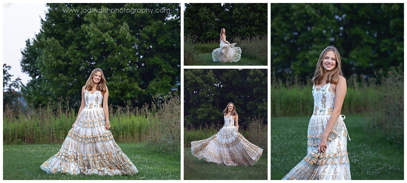 images of a senior girl wearing a couture gown designed by Little Dreamers Tutus. The gown is white wih gold flowers and she's twirling in a field of tall grasses and flowers.