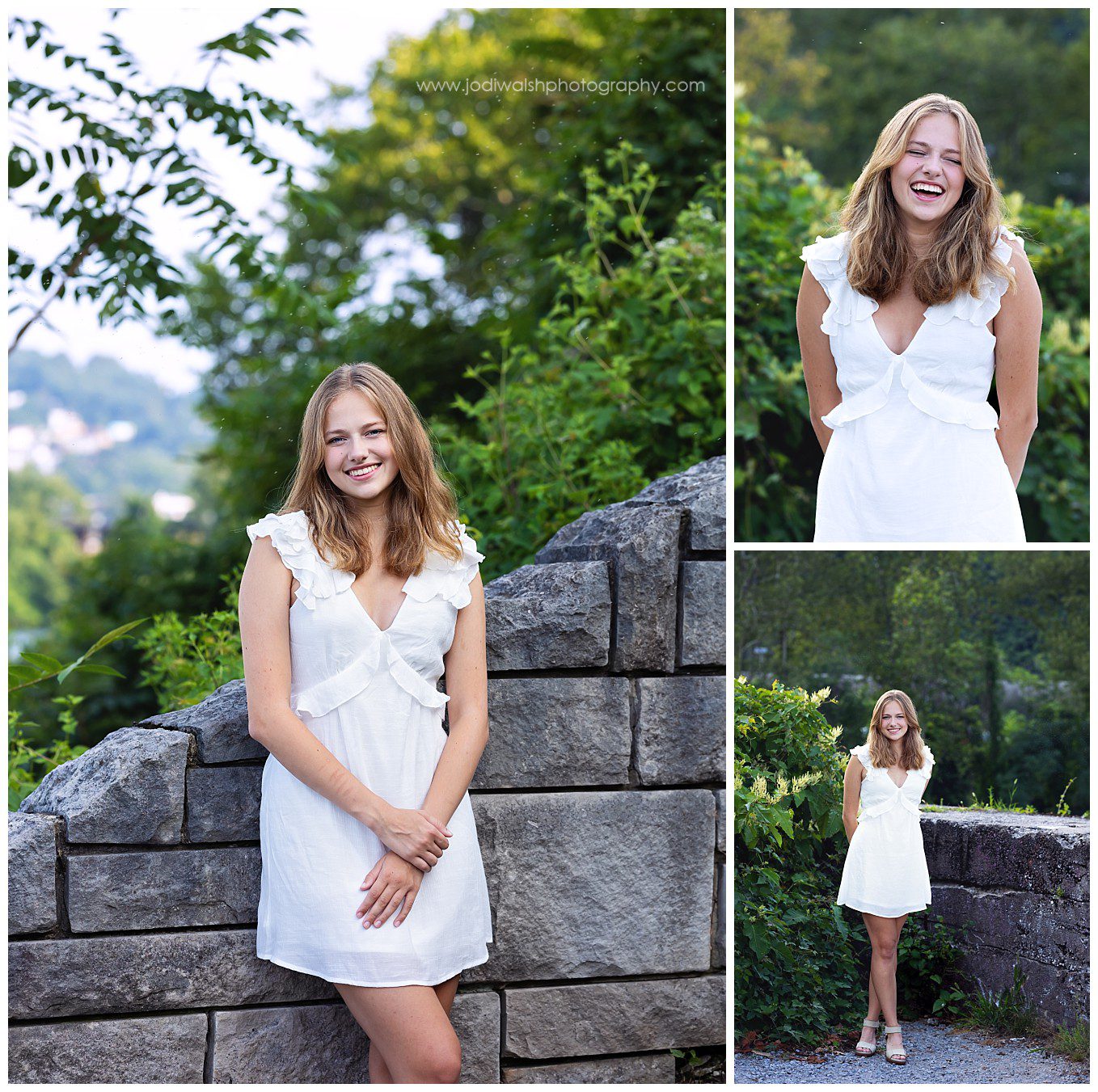 images of a senior girl wearing a white dress, standing next to the stone wall and steps on Herrs Island.