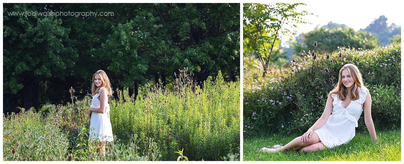 images of a senior girl, wearing a white dress. She's standing in a field of tall grasses and wildflowers on Herrs Island in Pittsburgh.