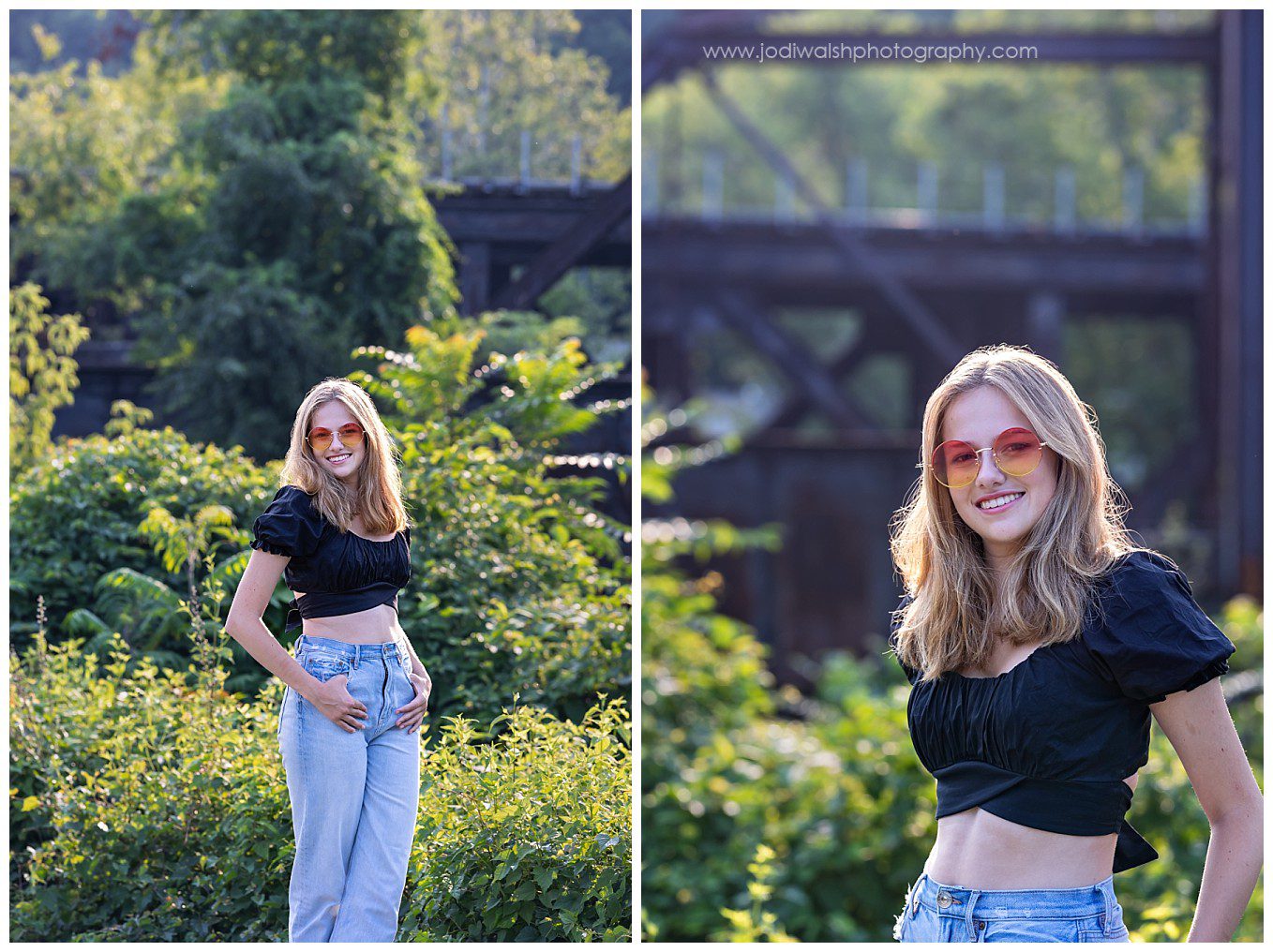 image of a senior girl wearing jeans and a black crop top with rose colored sunglasses. She's standing in front of the train trestle on Herrs Island.