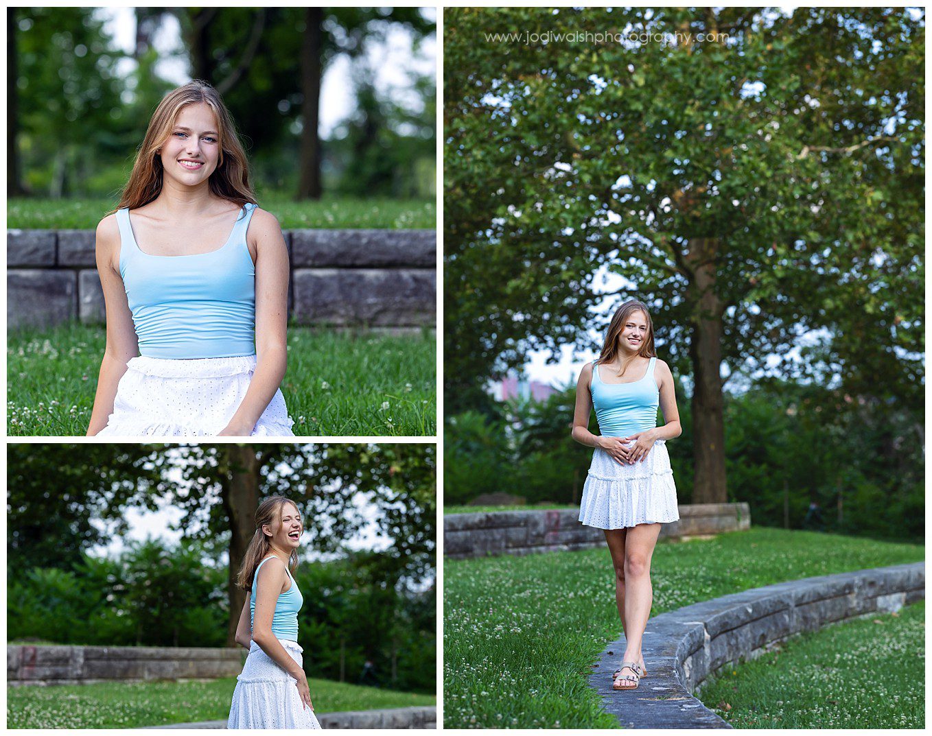 images of a senior girl with blond hair walking in Herrs Island Park. She's wearing a light blue tank top and white skirt