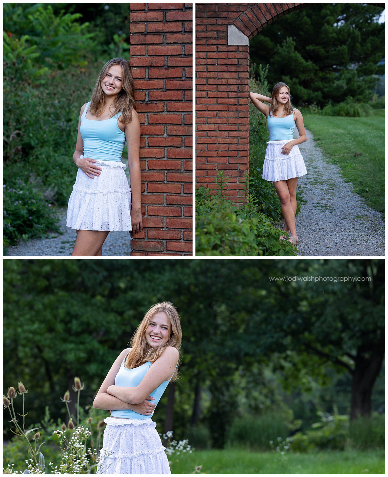 images of a senior girl wearing a light blue top and short white skirt. She's leaning against a brick wall on Herrs Island in Pittsburgh.
