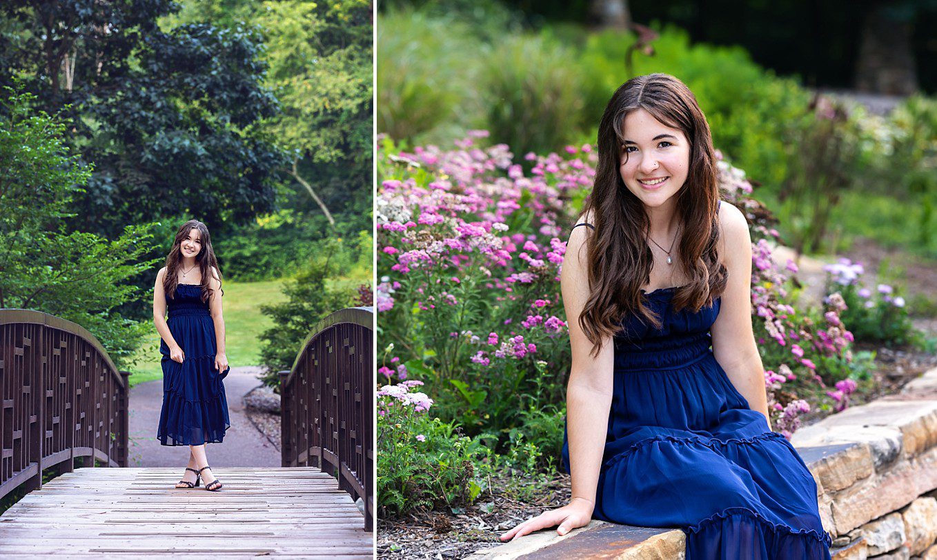 senior girl wearing a blue sundress at the Pittsburgh Botanic Gardens. She's standing on a wooden bridge and sitting on a stone wall with flowers behind her.