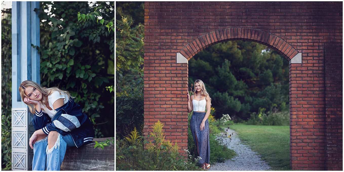 images of a senior girl at Herrs Island in Pittsburgh. She's seated by a light blue post and wearing ripped jeans and a navy blue jacket. And in the second photos she's wearing a white tank top and long gray skirt while standing in a brick archway.