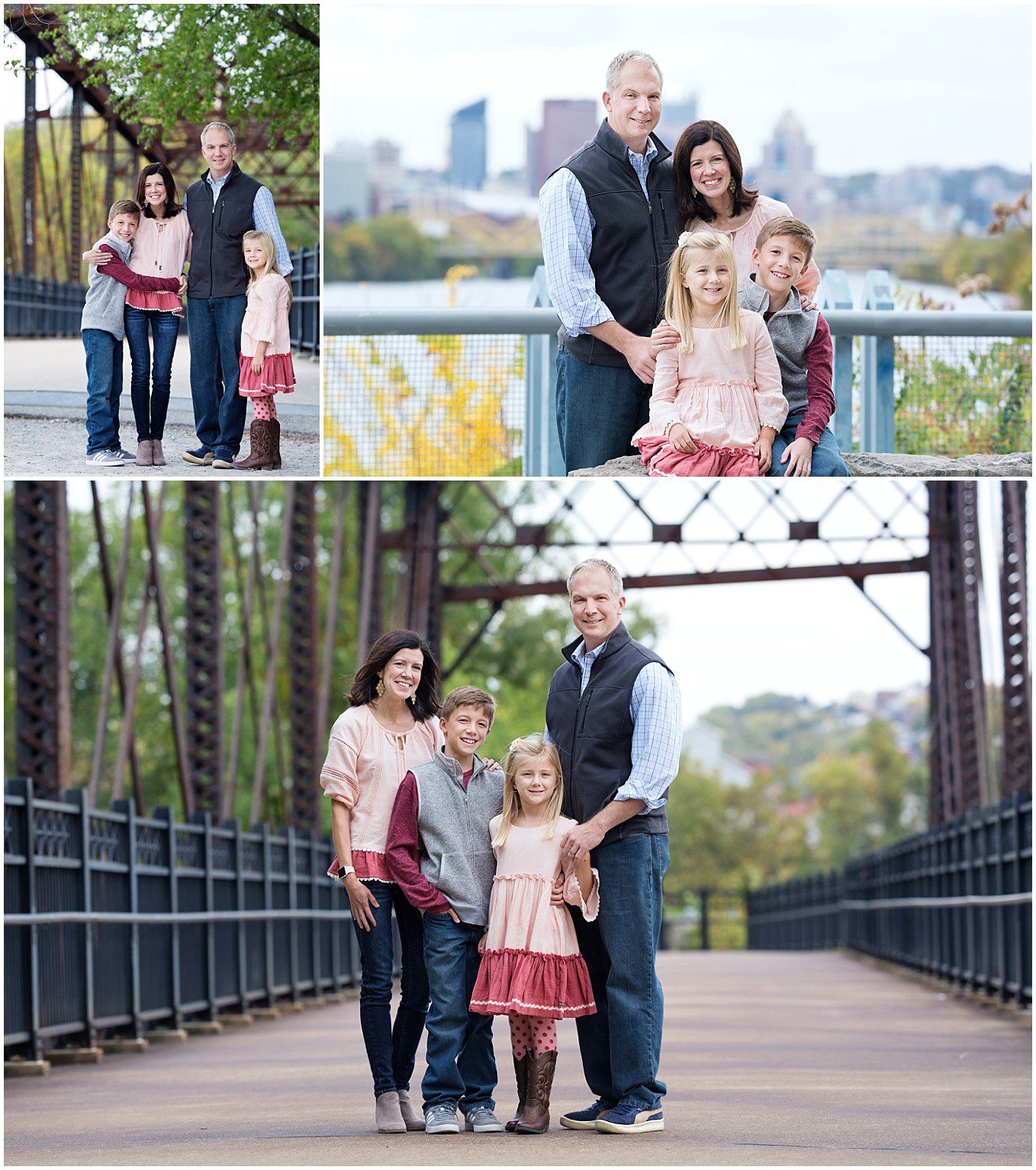Family portraits of mom, dad, brother and little sister on Herrs Island bridge in the fall.