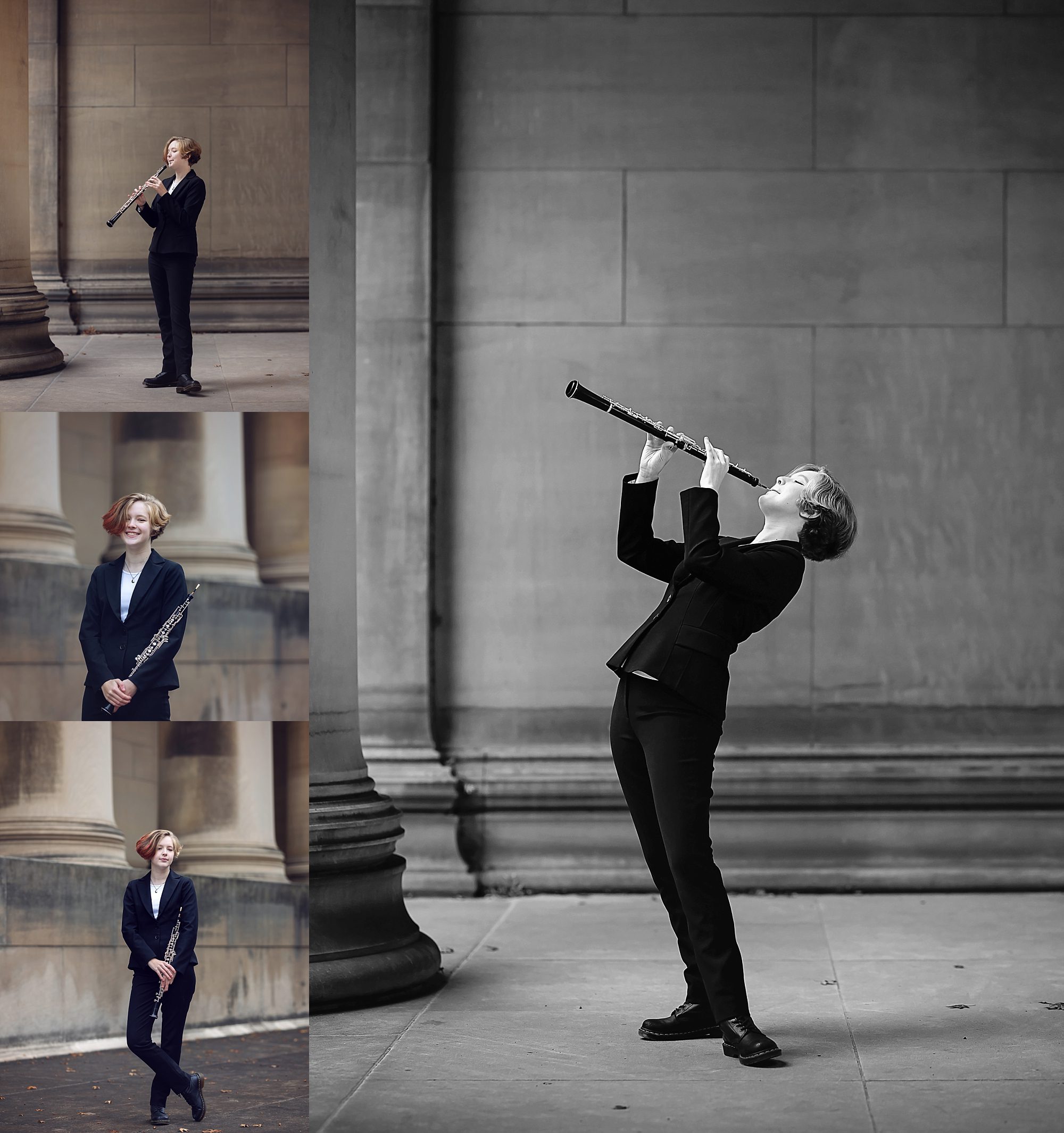 images of a senior musician playing an oboe at Mellon Institute in Pittsburgh. They're wearing a black pants suit with a white top and short hair