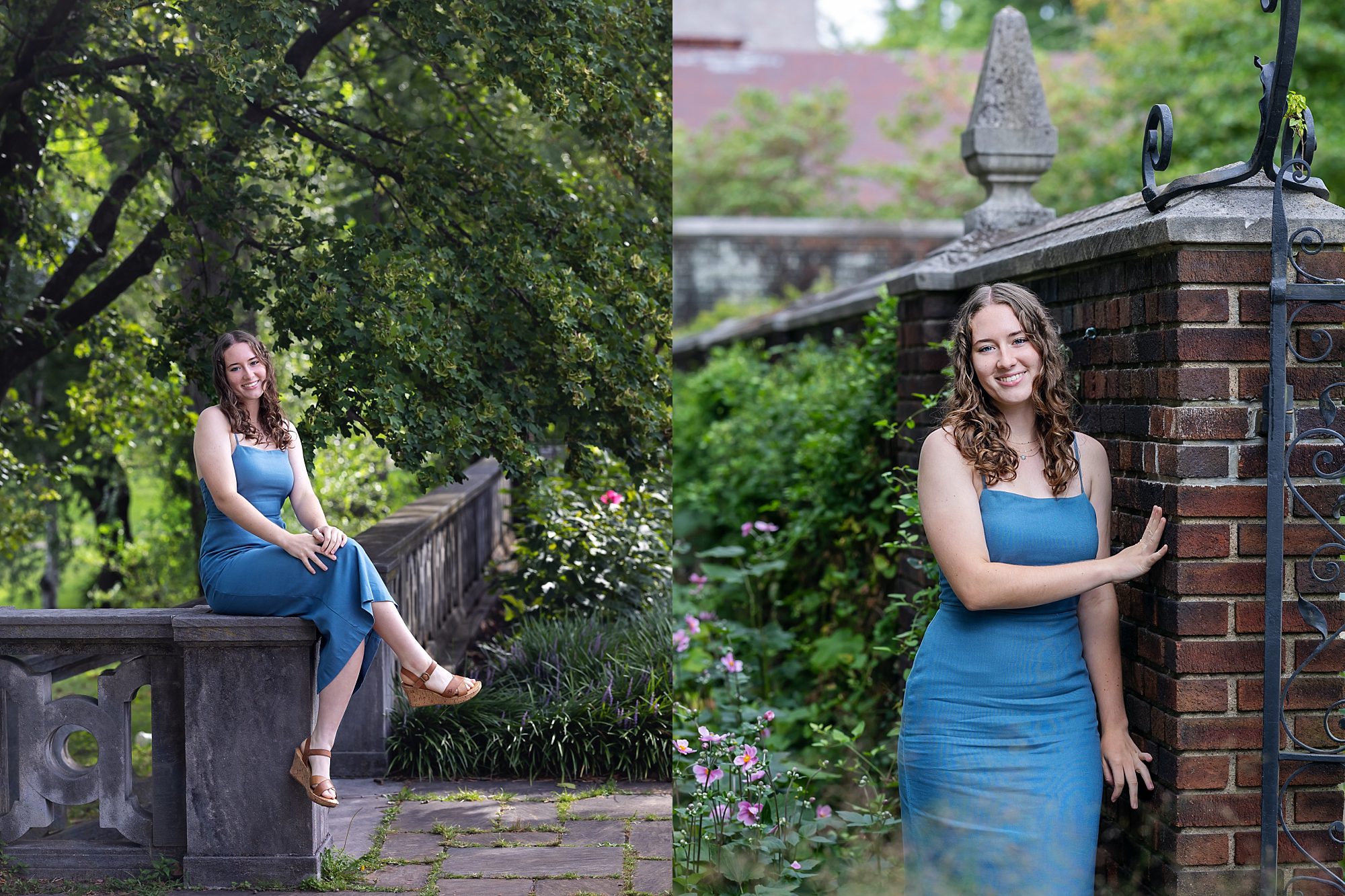 Senior girl wearing a blue dress at Mellon Park in Pittsburgh.