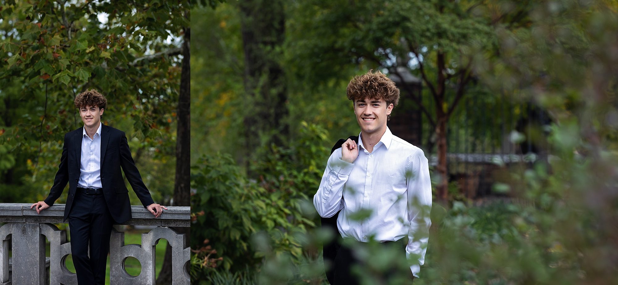 Images of a senior guy wearing a dark suit, standing on the garden paths at Mellon Park in the fall.