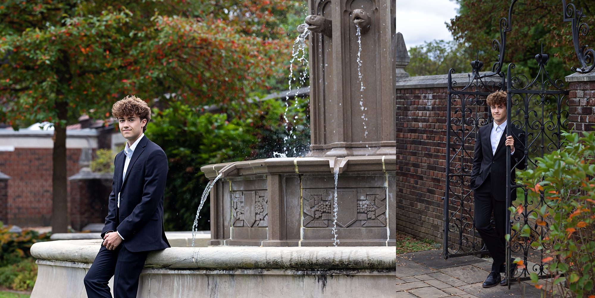 A senior guy, wearing a dark suit seated next to the fountain at Mellon Park in Pittsburgh.