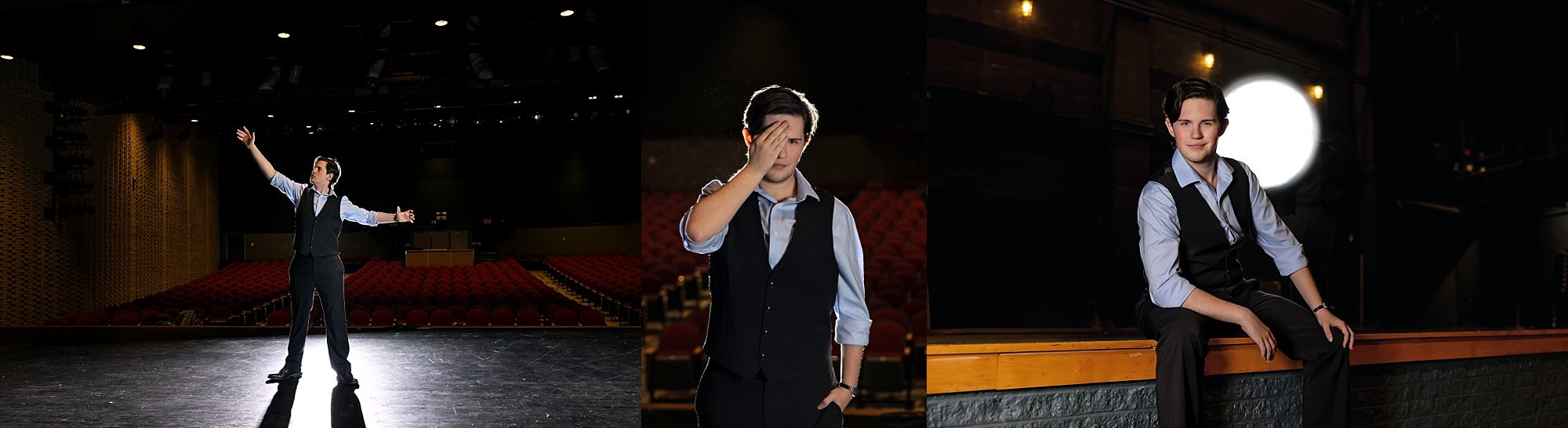 senior guy wearing dress pants and vest, onstage in Avonworth High School Auditorium