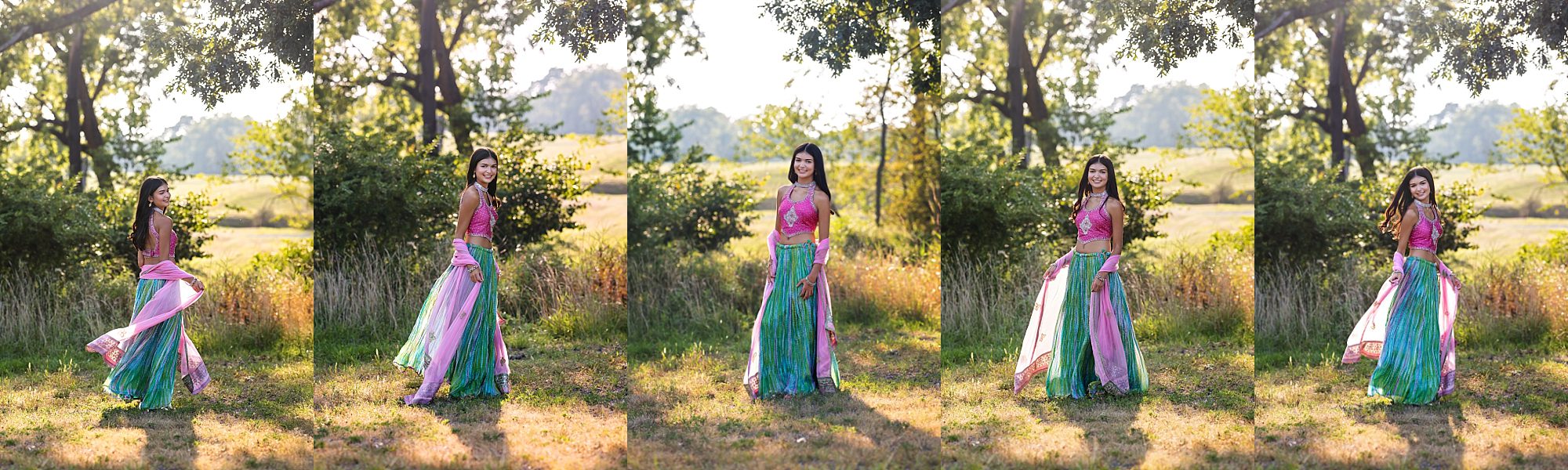 senior girl wearing a sari in the field at Hartwood Acres, Pittsburgh